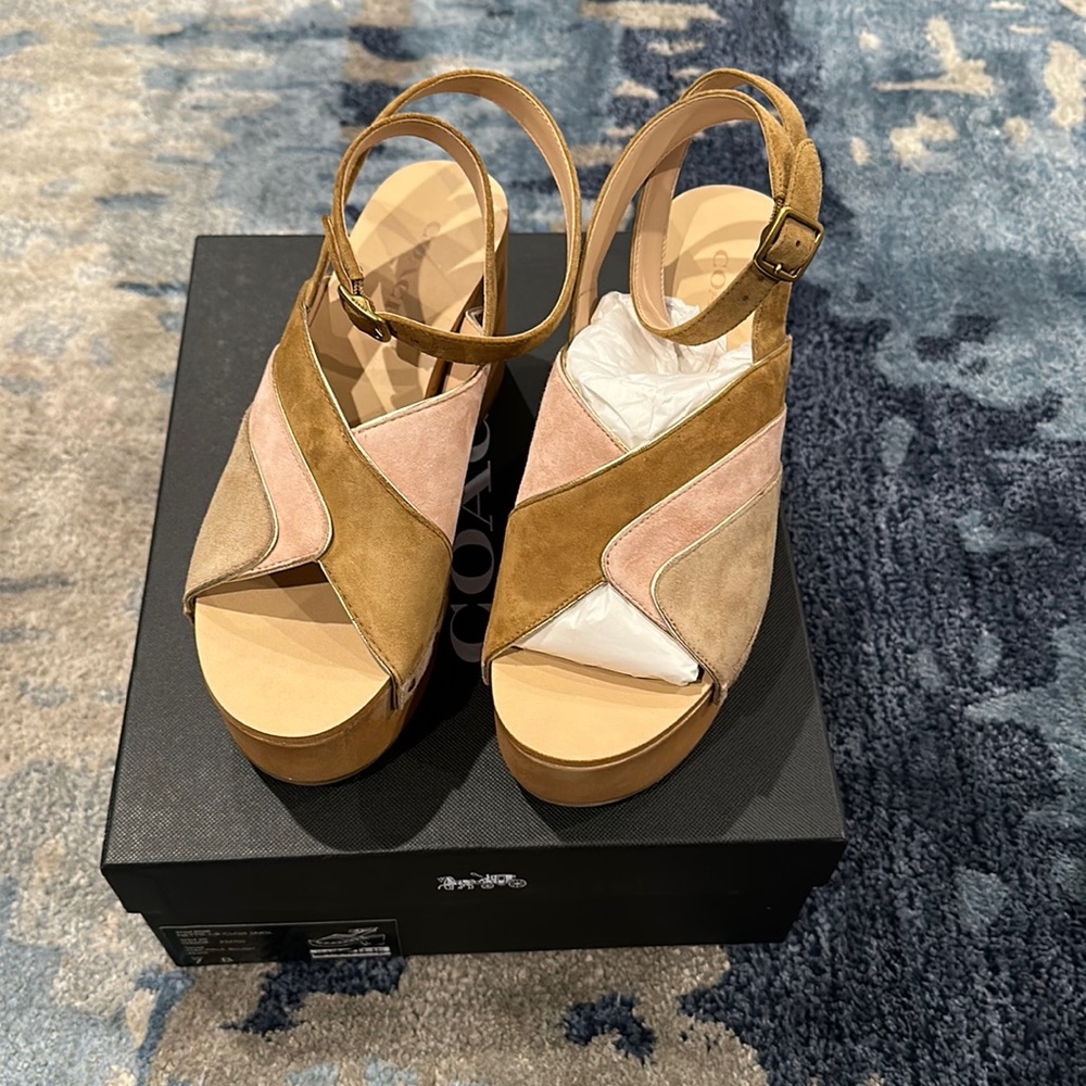 Coach Tan and Pink Suede Platform Sandals